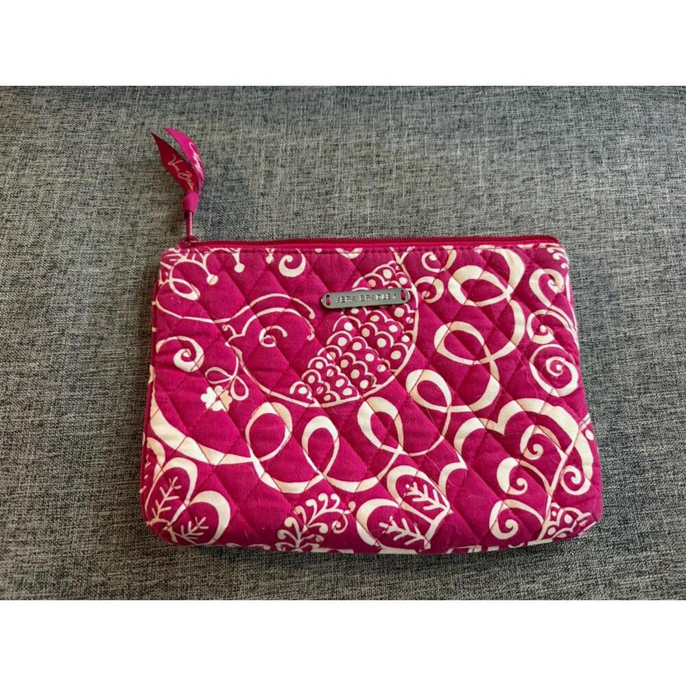 Vera Bradley Makeup Bag In Pink Twirly Birds Plastic Lined Zip Closure 9x6.5 - Picture 1 of 5
